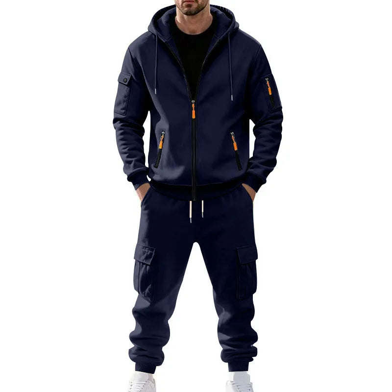 Men's Full Zip Hooded Tracksuit 2 Piece Set Casual Cargo Pocket Jogger Suit Outdoor Sports Hoodie And Pants Set