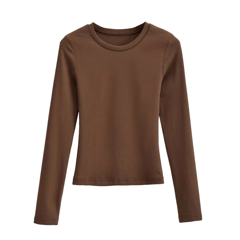 LUNDUNSHIJIA O-neck Long Sleeve T-shirts For Women 2025 New Spring Ladies Solid Cotton Slim Tee Shirts 10 Colors