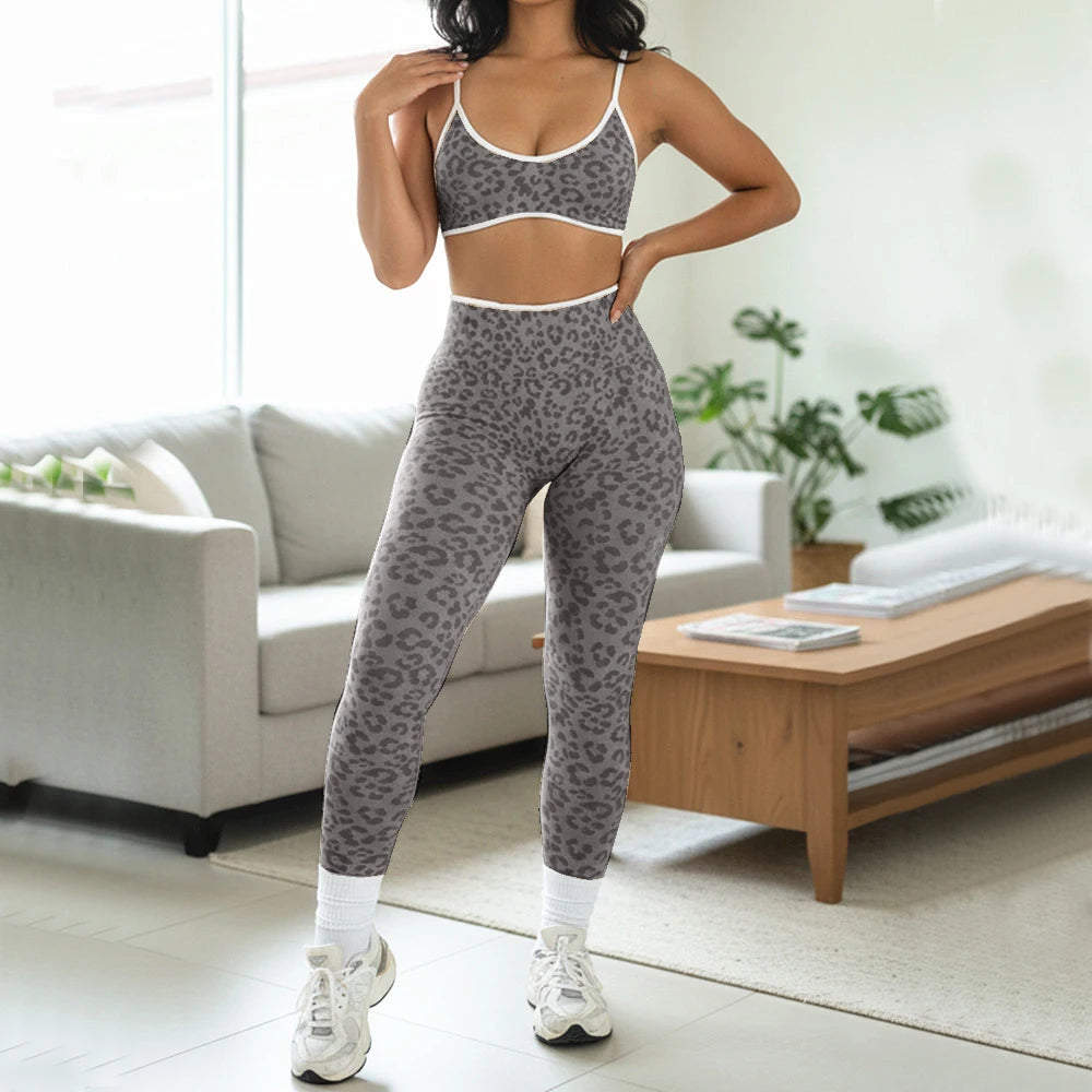 Seamless Leopard Yoga Set Women Sports Bra High Waist Shorts Scrunch Gym Fitness Workout Run Legging Activewear XP269