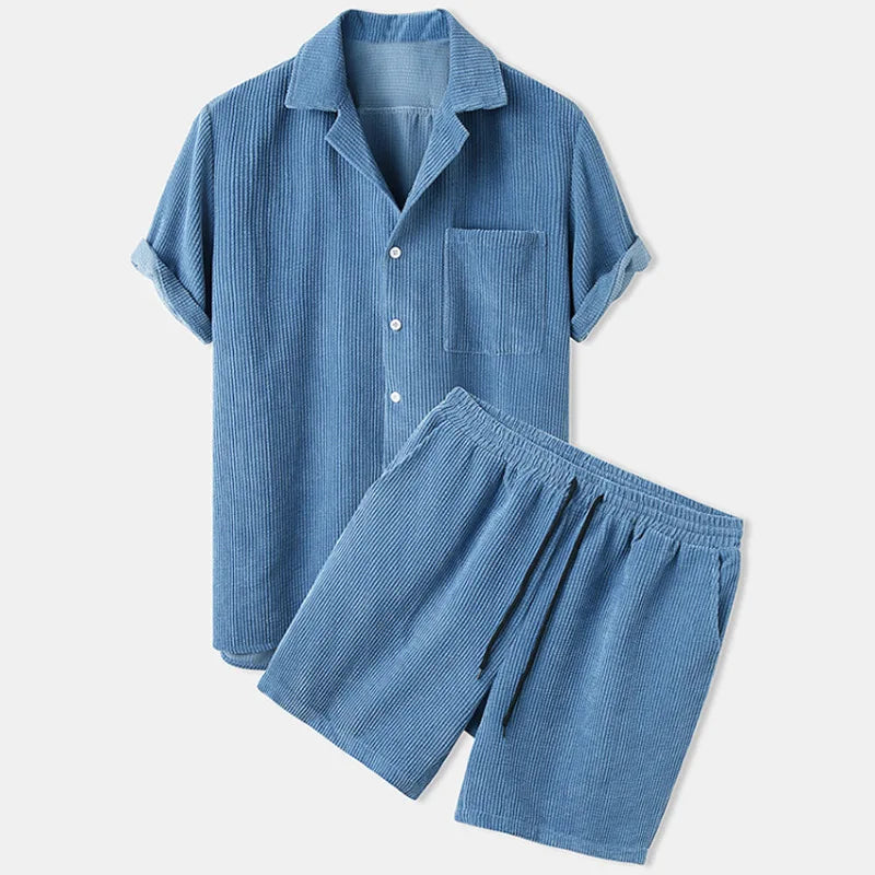 2025 New Men's Summer Corduroy Shirt and Shorts Set Solid Color Casual Wear Summer Street Wear Two-piece Suit