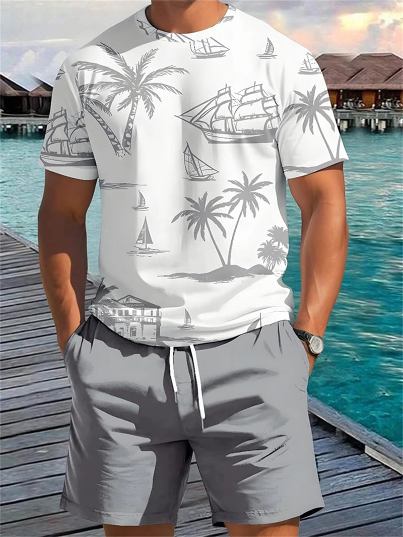 2025 Summer New Men's Short Sleeve Palm Tree Print T Shirt Fashion Men's Vacation Beach Casual Shirts Graphic Tee Summer Tops