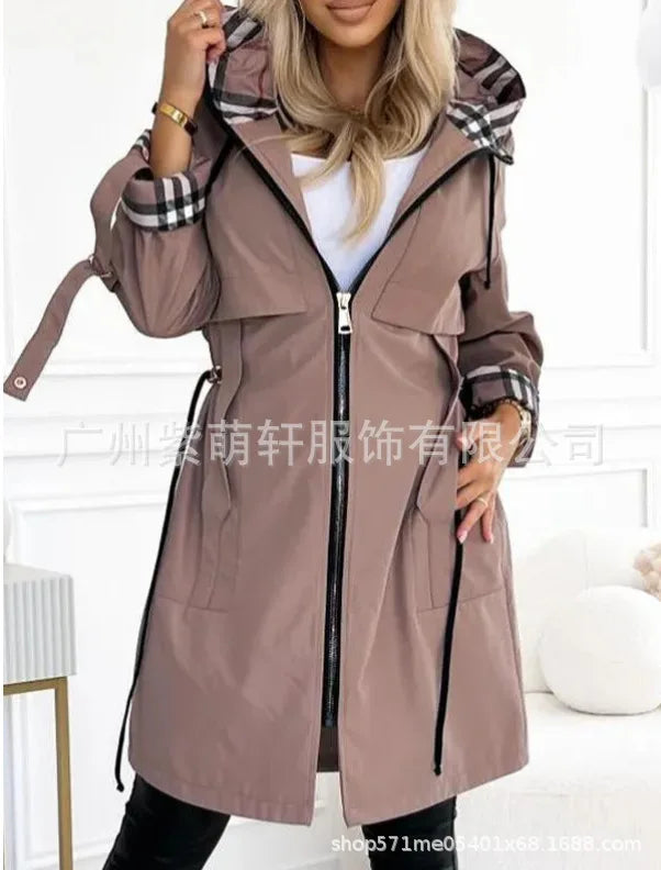 Fashion Trench Coat Woman Autumn Winter Solid Color Versatile Casual Street Style Cardigan Long-sleeved Hooded Plaid Outerwears