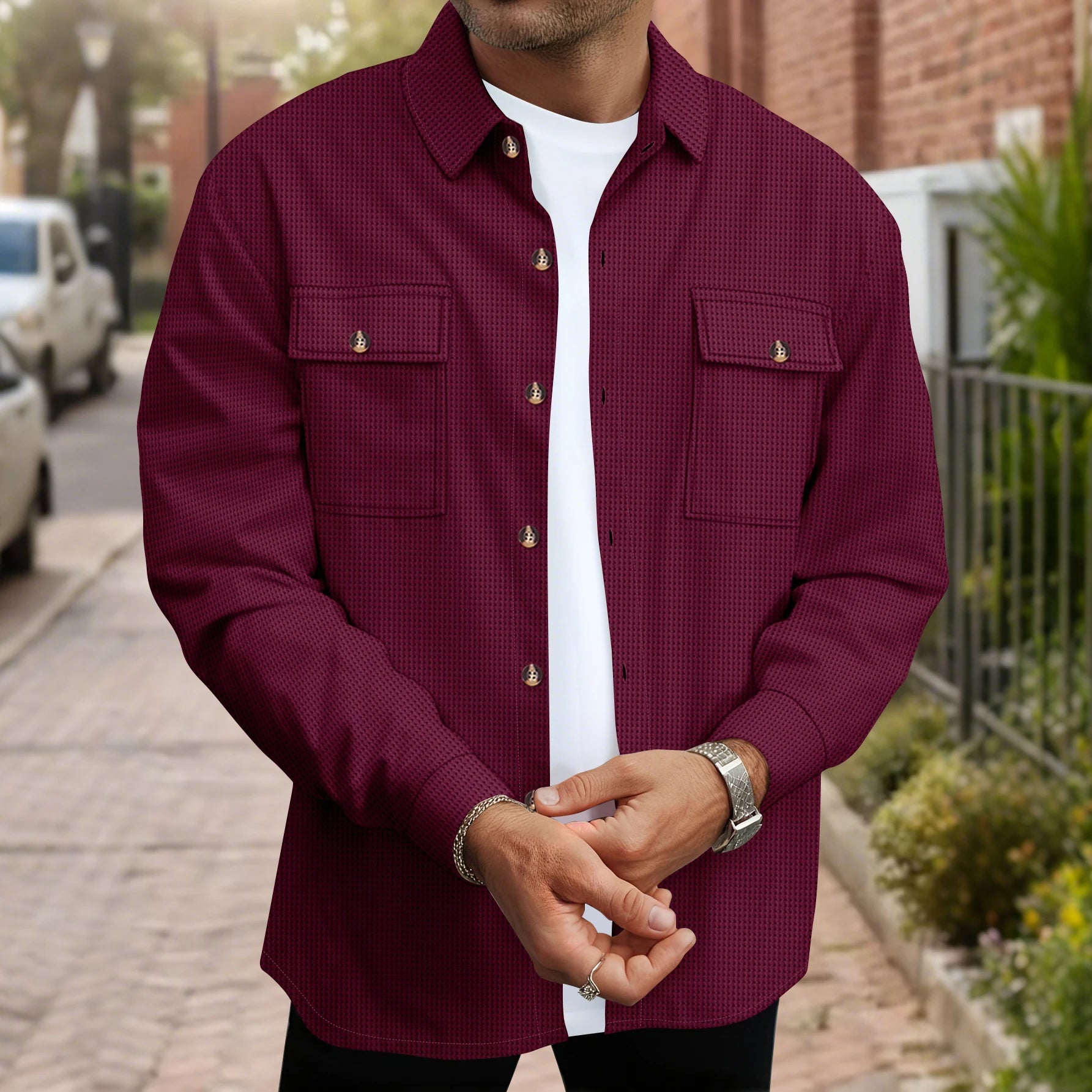 Men's Waffle Knit Button Down Shirt - Casual Long Sleeve Turn Down Collar Chest Pocket Work Shirt