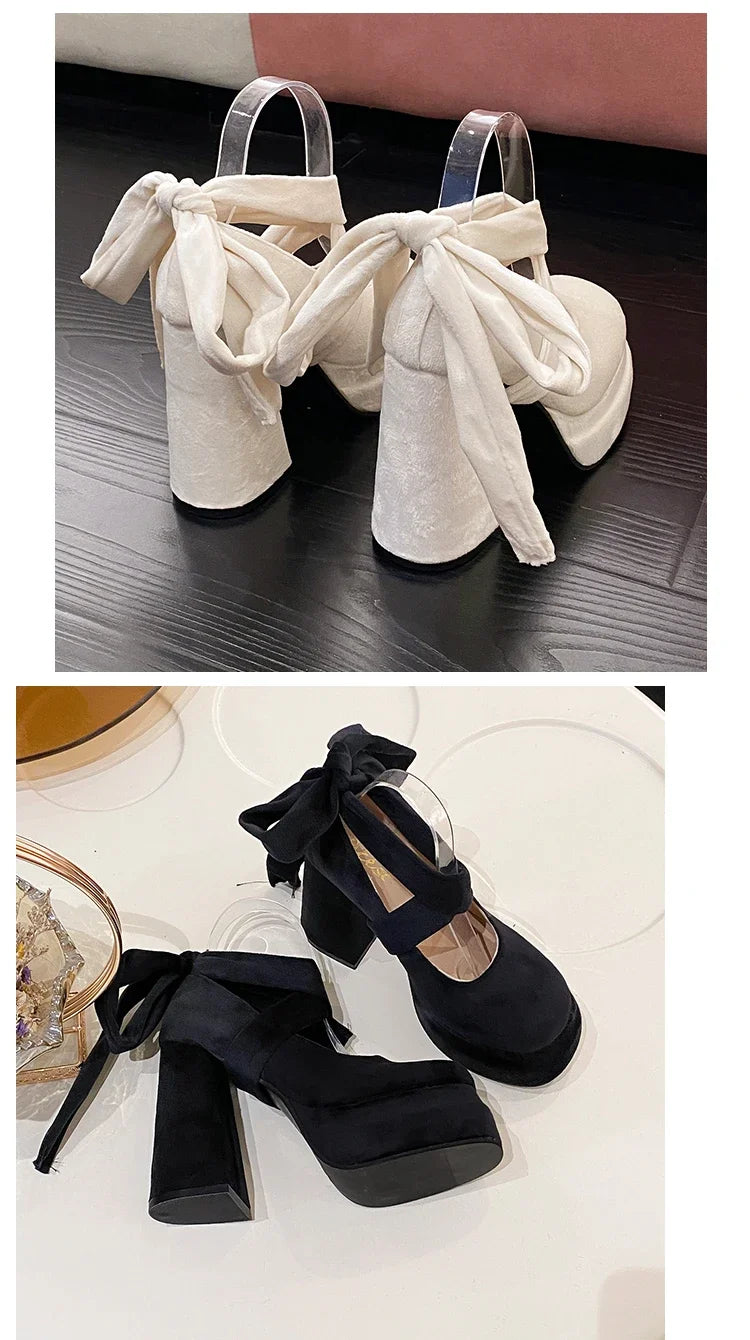 Platform Mary Janes Shoes Women Suede Luxury High Heel Lace Up Trend Lolita Shoes Elegant Chunky Party Pumps Sandalias Muje