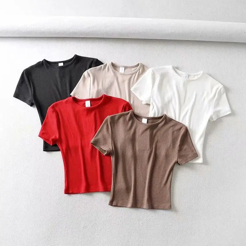 Summer Woman Slim Fit t-shirt tight Cotton Short-Sleeve O-neck tee Crop Tops