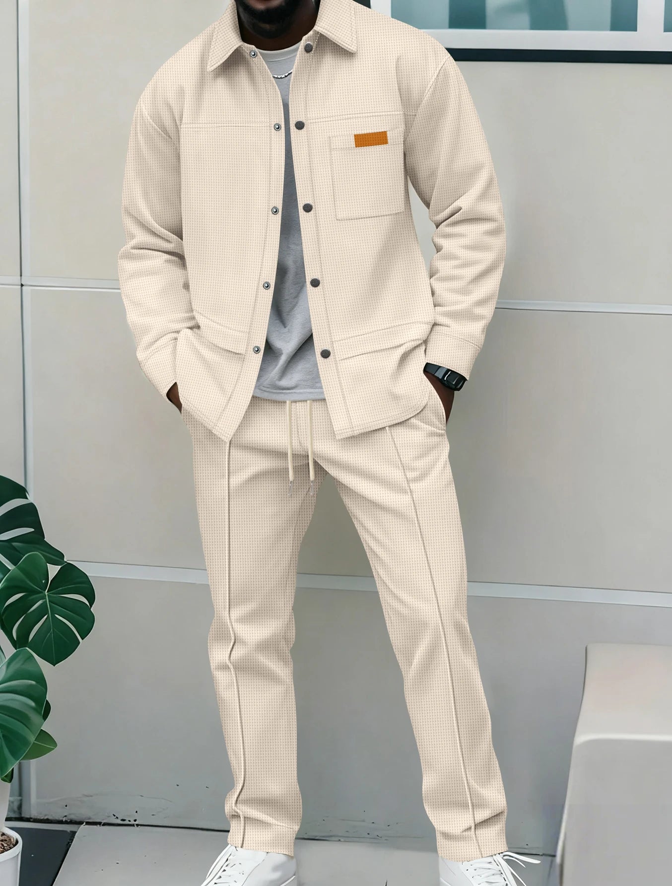 2026 New Men's Casual 2 Piece Tracksuit Fall Waffle Knit Solid Color Lapel Collar Button Jacket with Pockets Long Pants Set