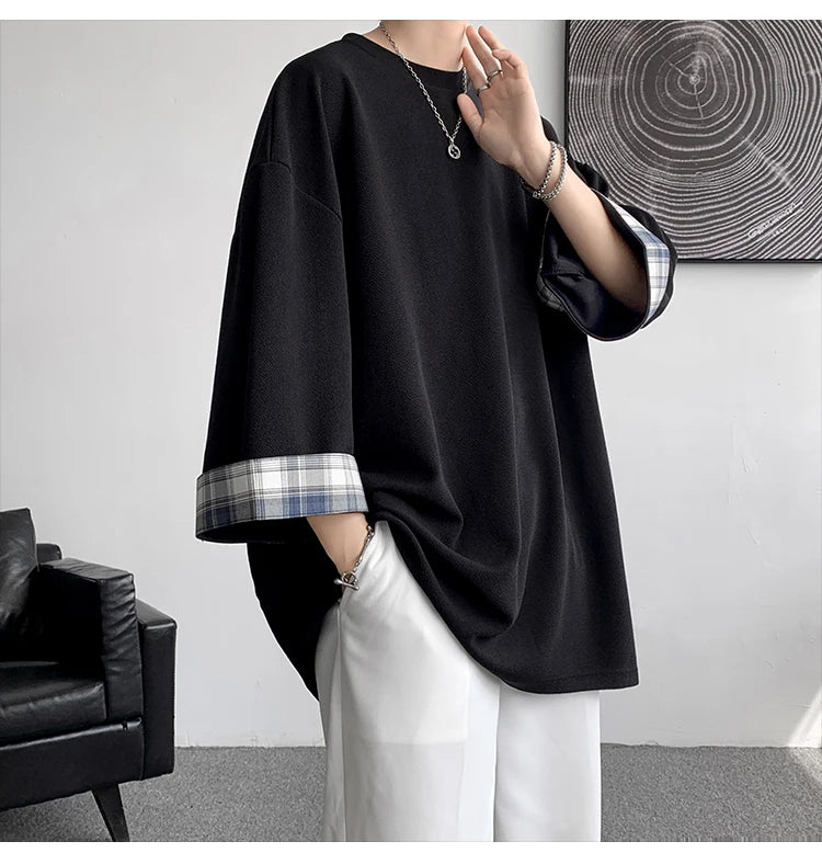 men t shirts Summer Men's T-shirts Women Oversized 2XL Korean Style Loose Plaid T-shirt Casual Seven sleeves T-Shirt Male White