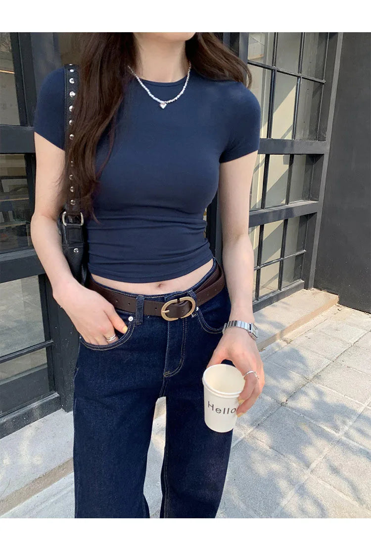 American style spicy girl shoulder T-shirt for women in summer 2025, tight fitting and slimming short top, basic elastic short s