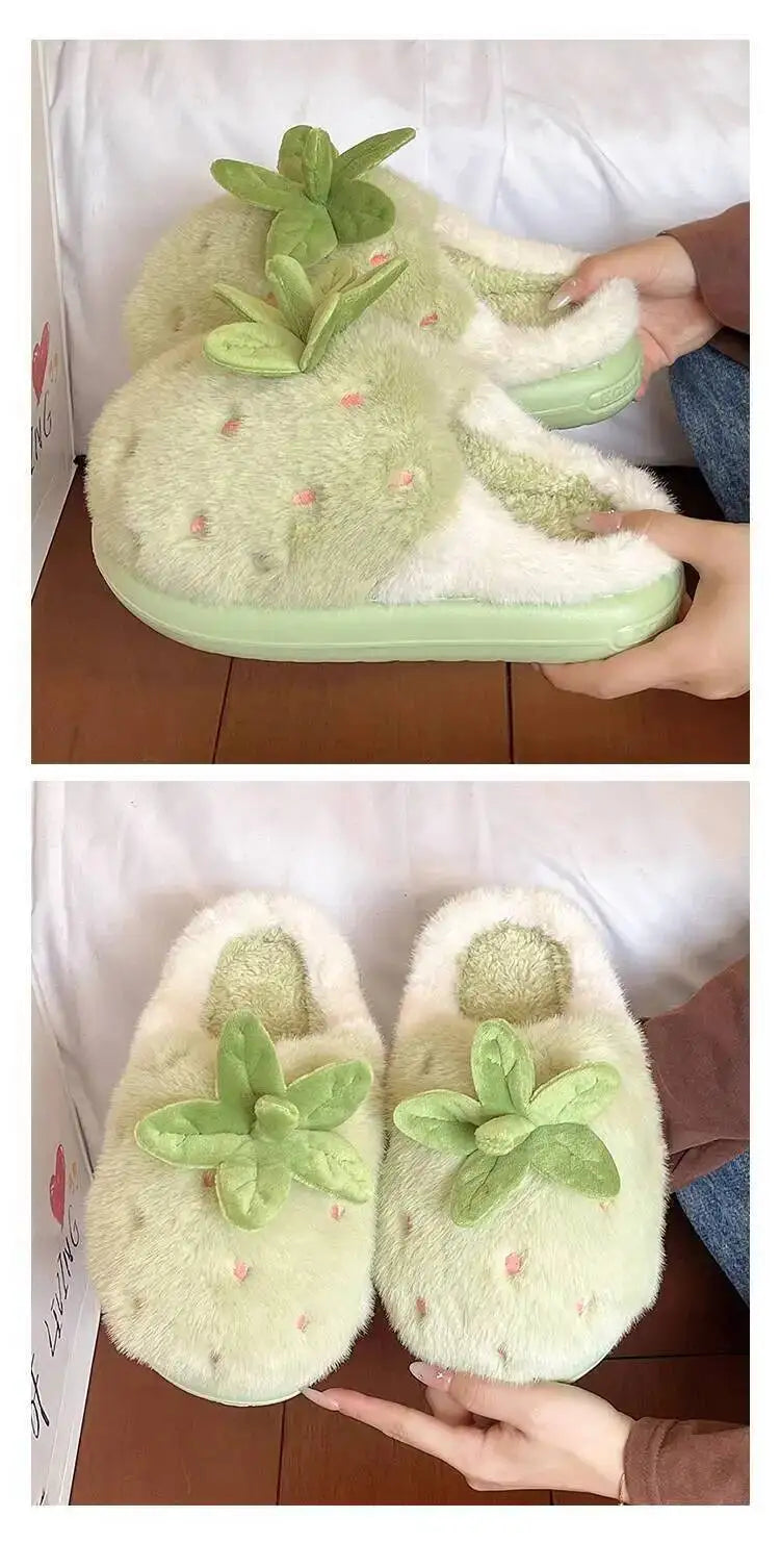 Winter Women's Furry Cotton Home Slippers Cute Strawberry Design Warm Thick Soled Anti Slip Indoor Household Outdoor Wearable