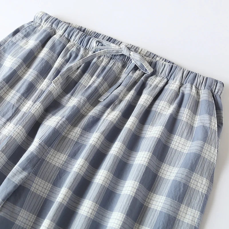 New 2026 Men's Sleepwear Pajama Shorts Plaid Design 100% Cotton Casual Loose Double-layer Homewear Sleep Bottoms Male Home Pants