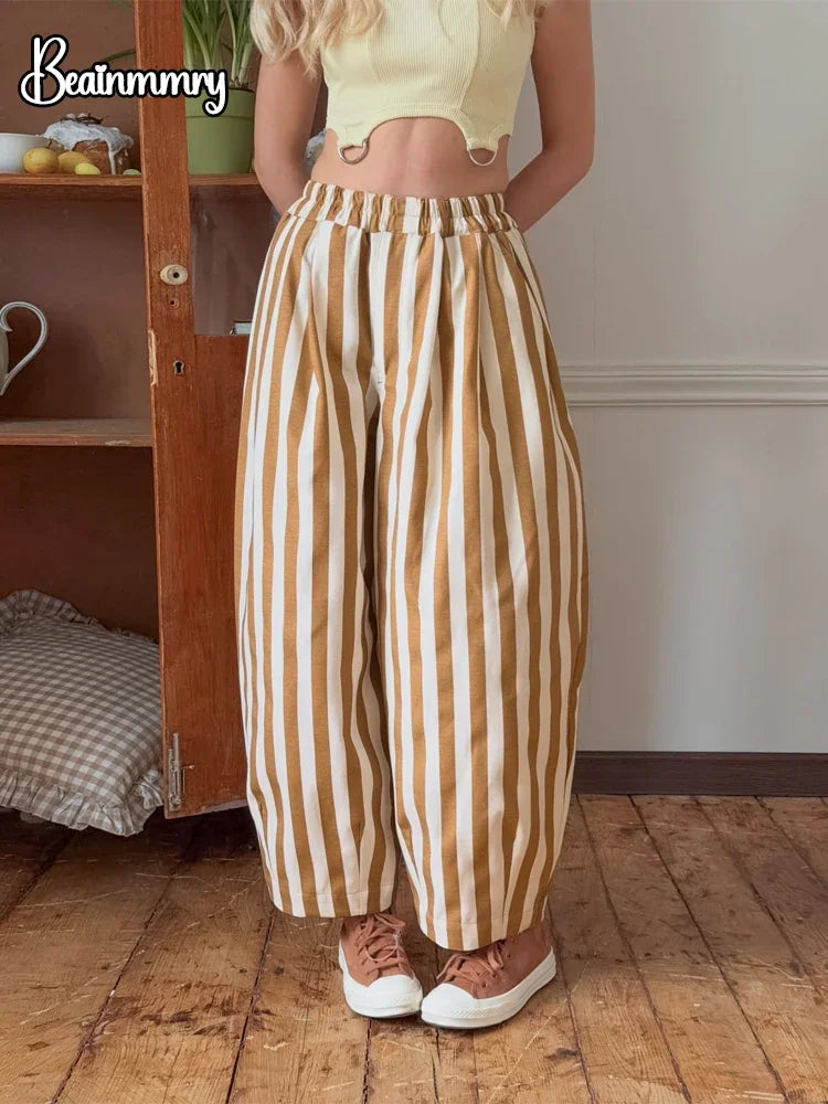 Red White Striped Balloon Pants Women's Elastic Waist Wide Leg Baggy Casual Trouser 2026 Summer New Streetwear Loose Fit Pants
