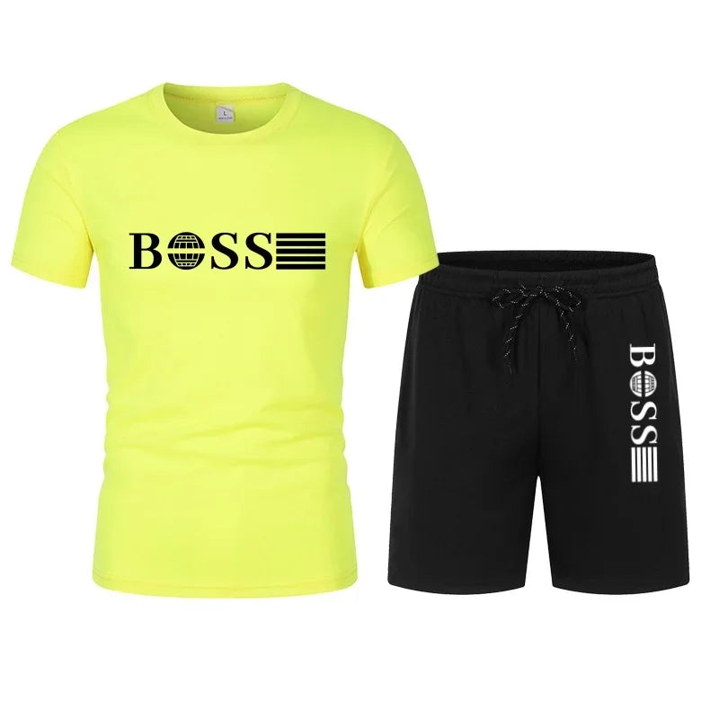 Spring and Summer New Two-piece Men's Running T-shirt and Short Casual Elastic Round Neck Sports Suit Comfortable Quick Drying