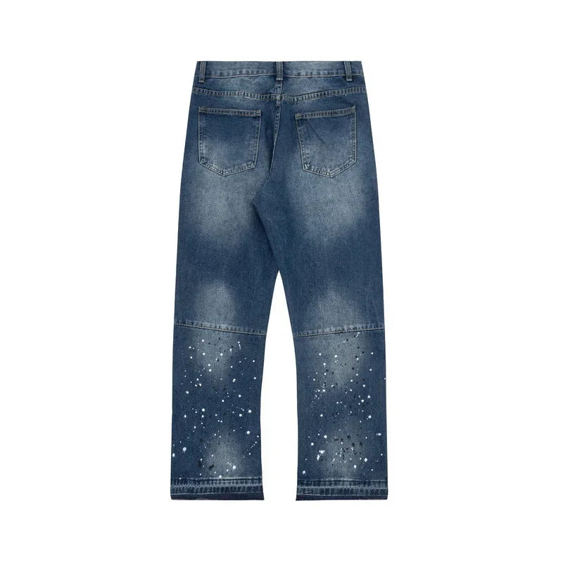 American retro washed letter spliced denim trousers high street trendy brand couple loose straight micro-flared long trousers