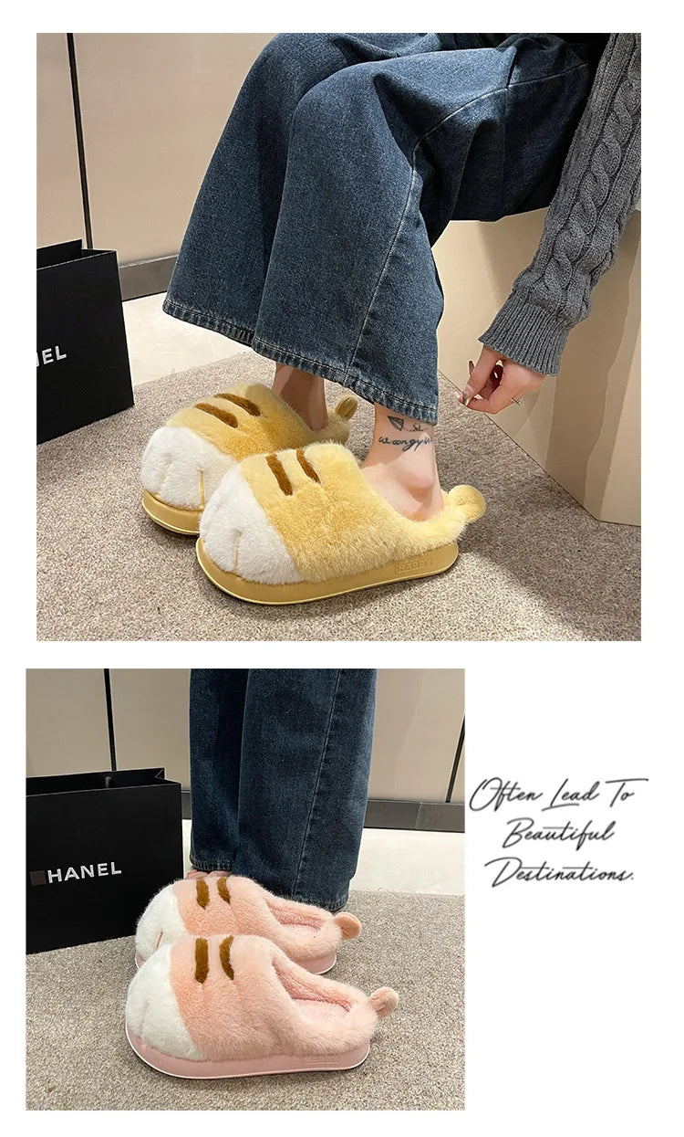 Newest cat paw feet slippers woman fluffy closed heel home shoes for women winter warm slip on animal claw slipper furry loafer