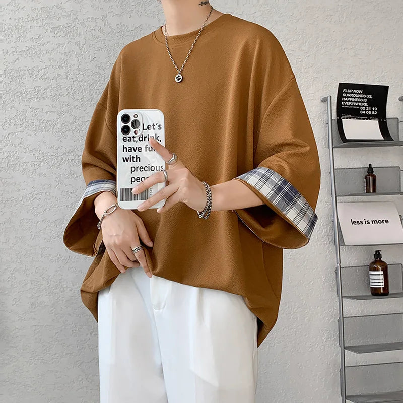 men t shirts Summer Men's T-shirts Women Oversized 2XL Korean Style Loose Plaid T-shirt Casual Seven sleeves T-Shirt Male White