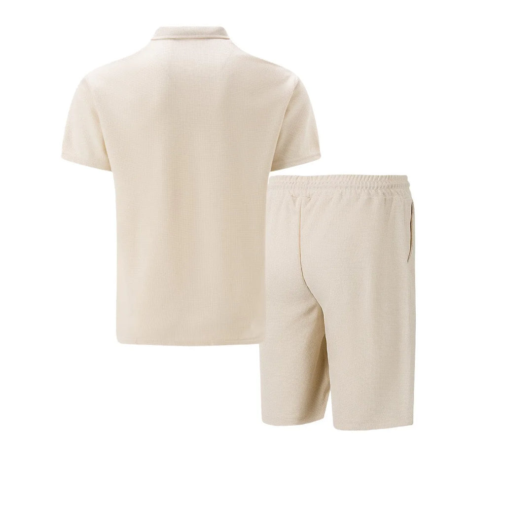 2026 Men Europe and the United States new summer Waffle solid color zip-up lapel short-sleeve suit shorts two sets
