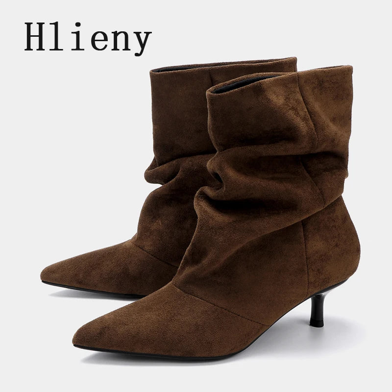 Liyke Winter Pleated Suede Women Shoes Pointed Toe Low Thin Heels Female Brown Retro Elegant Designer Ankle Boots Bottes Femme