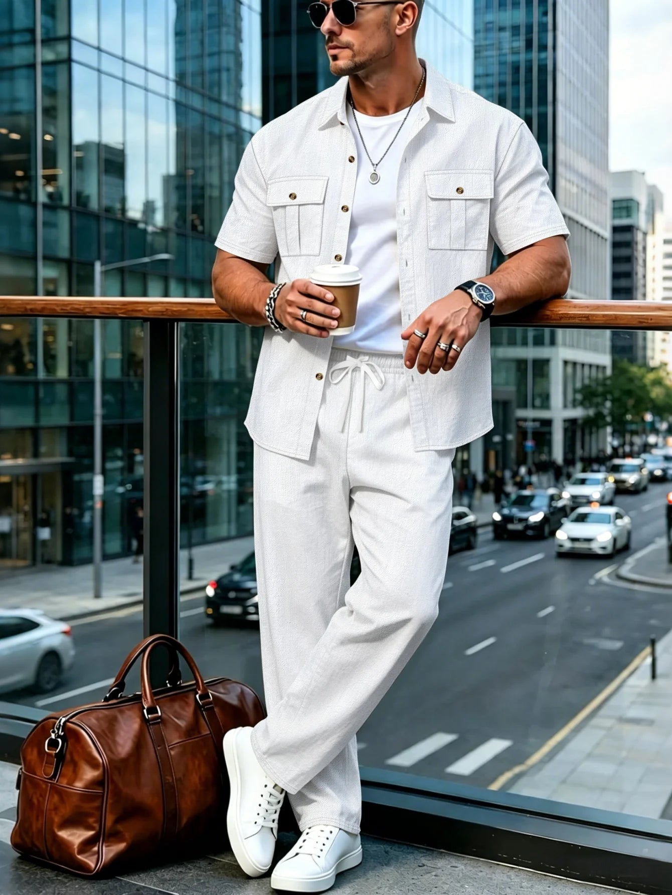 Men's Cotton Linen Short Sleeve Shirt & Pants Set Turn-Down Collar Double Pocket Casual Streetwear