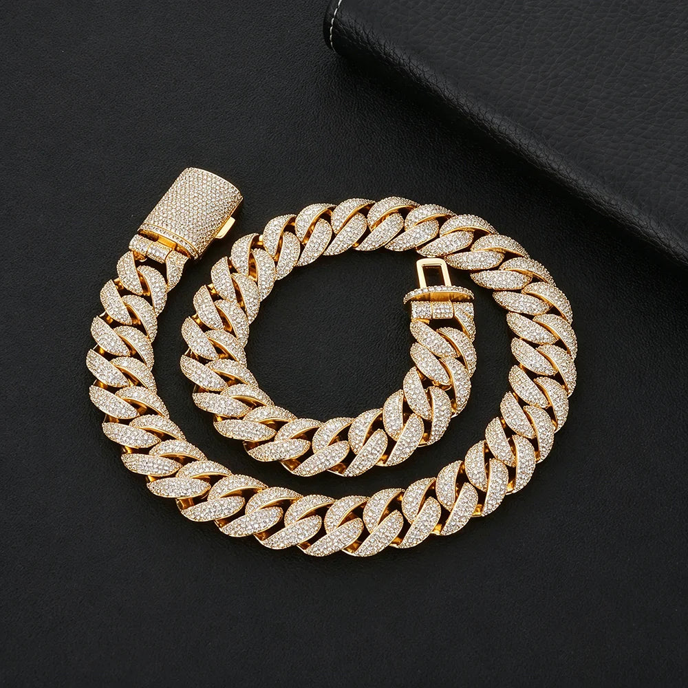 22mm Wide Cuban Chain Brass Full Paved CZ Zircon Necklace Hip Hop Iced Out Bling Rapper Jewelry Gold Silver Two Tone Neck Chain