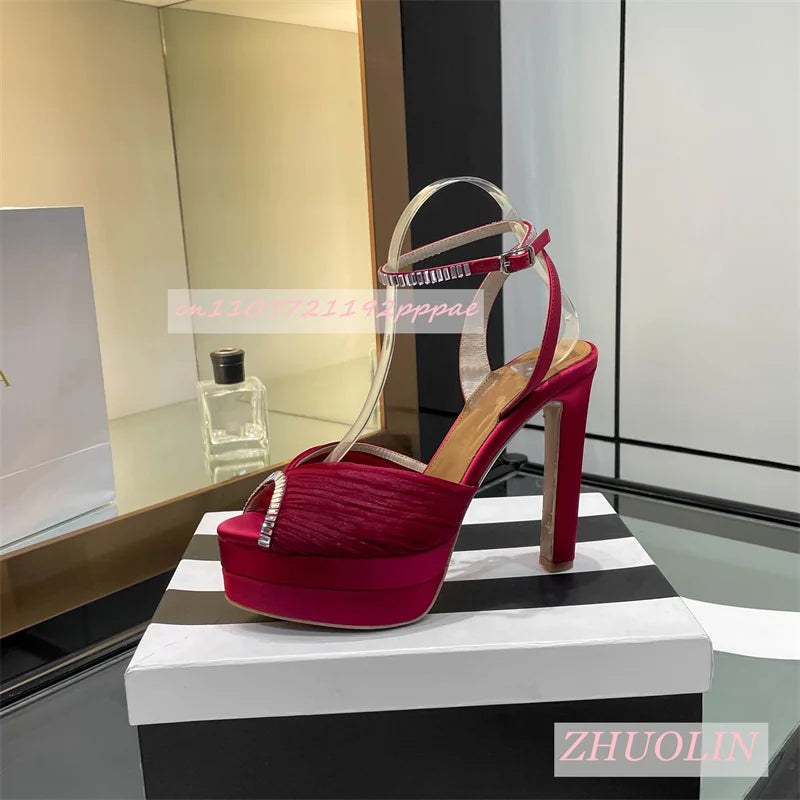 Women'S Satin Rhinestone Double-Layer Platform Shoes Open Toe Chunky Heel Buckle Strap High Heels Elegant Luxury Wedding Shoes