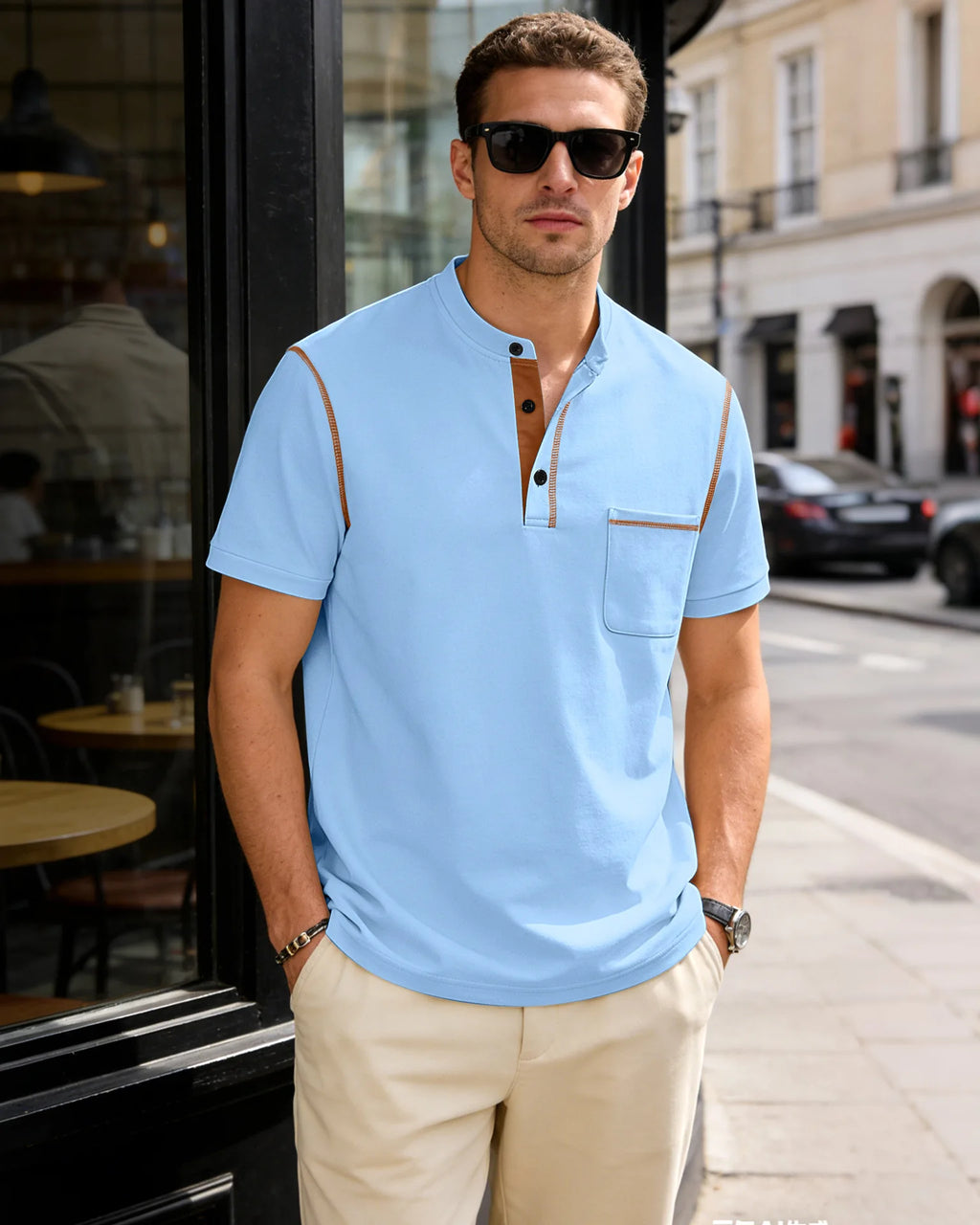 Summer men's fashionable Henry collar half-button short-sleeved moisture-wicking breathable casual American stretch T-shirt top