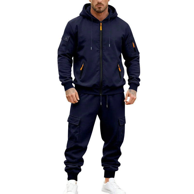 Men's Full Zip Hooded Tracksuit 2 Piece Set Casual Cargo Pocket Jogger Suit Outdoor Sports Hoodie And Pants Set
