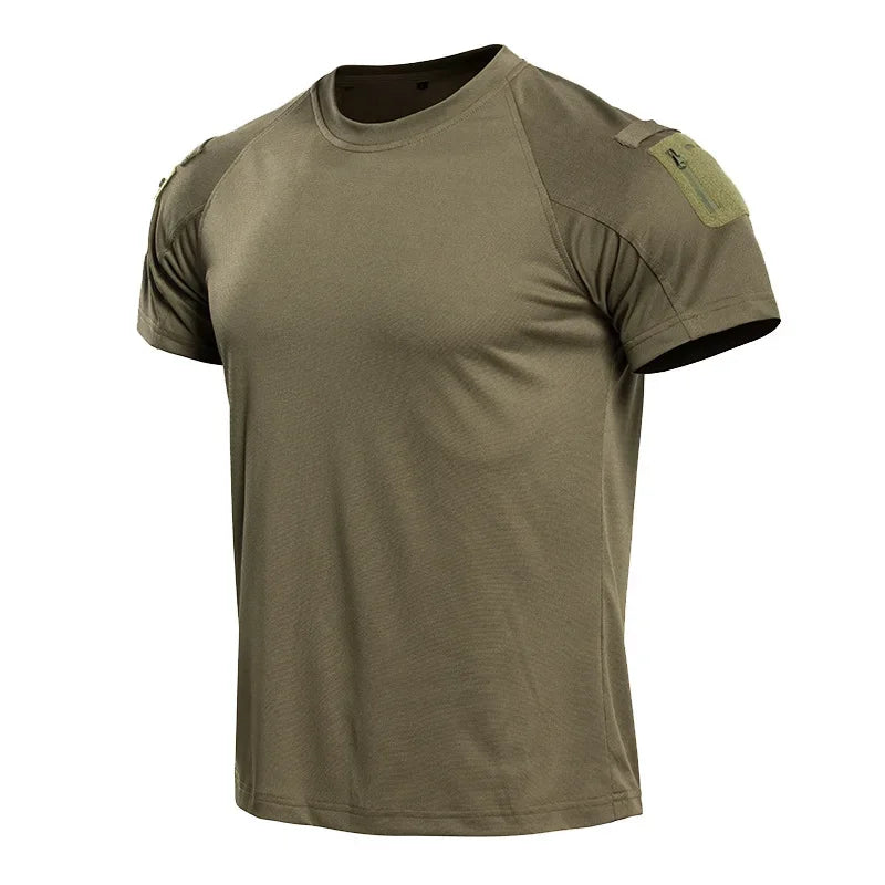 Men's Tactical T-Shirt Short Sleeve Quick Dry Breathable Lightweight Combat Tee with Shoulder Zip Pocket for Hiking Camping Tops
