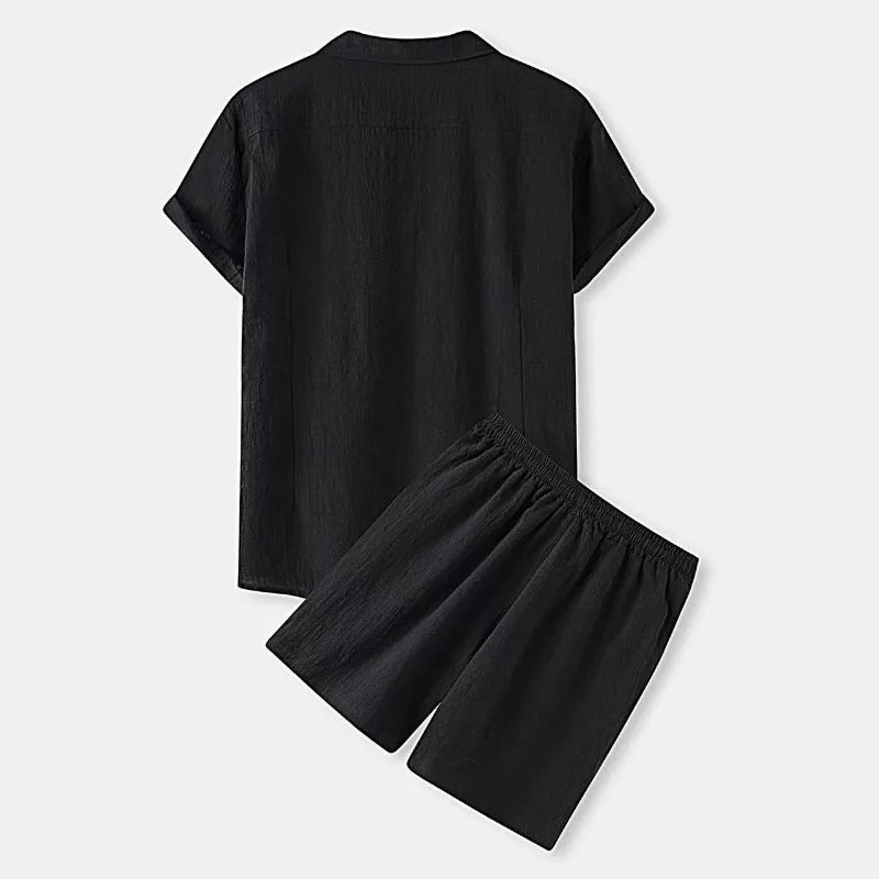 2025 New Summer Cotton Shorts Sets Men Lapel Short Sleeve Shirts Shorts 2-piece Set Men's Casual Sportswear Suit Solid Loose