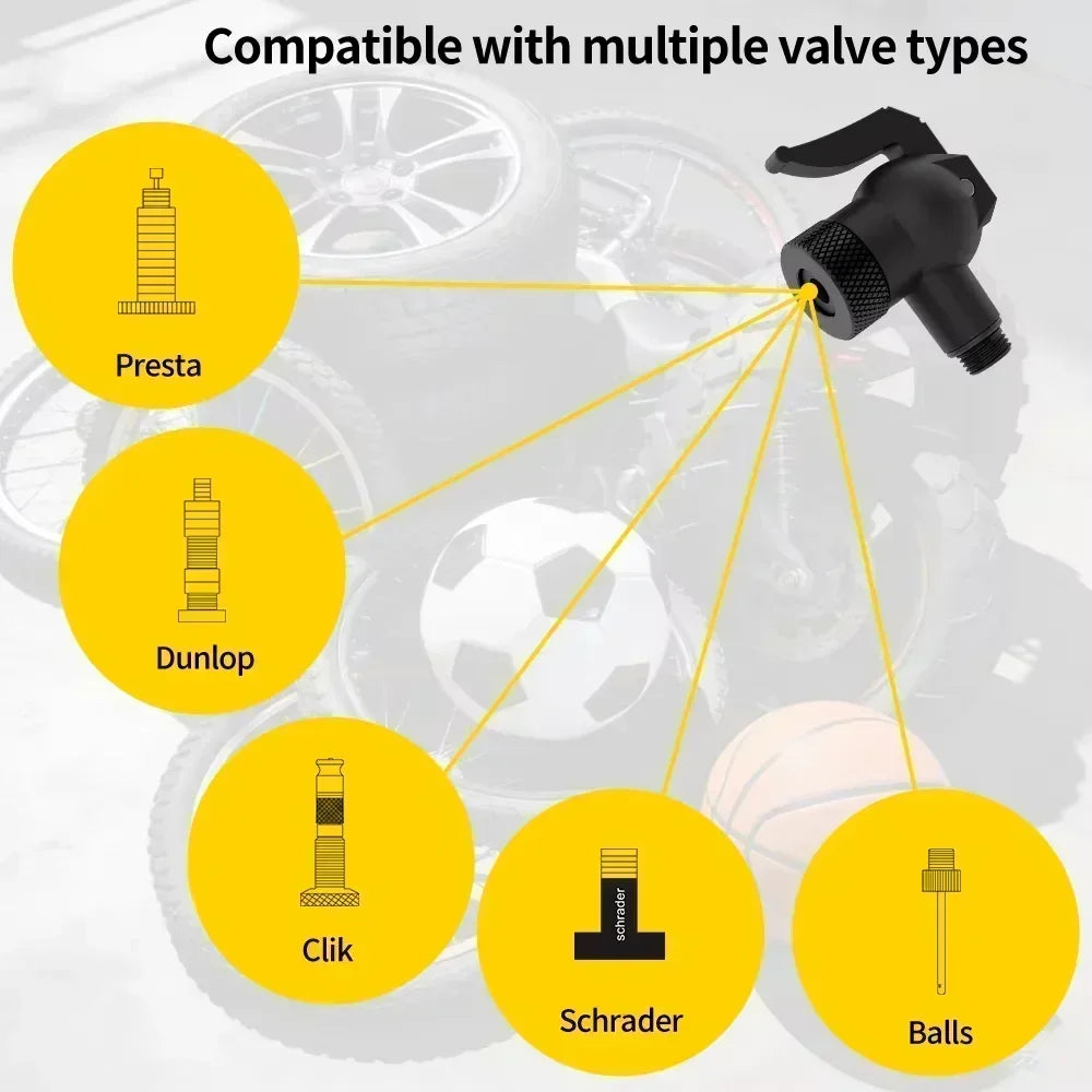 4-in-1 Bicycle Air Nozzle Adapter Inflator Valve fits Presta Schrader Clik Dunlop Connector Snap-lock Quick Connect Pump Nozzle