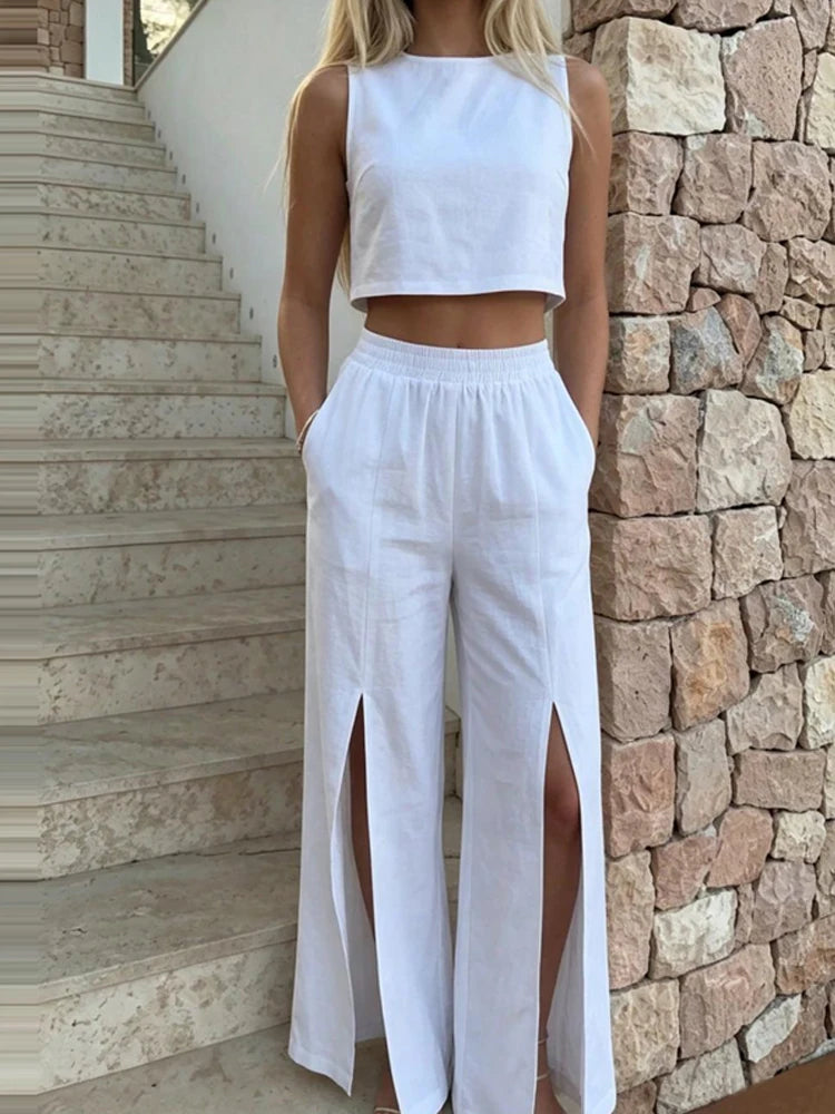 Elegant Lady Simple Commute Outfits Casual O-neck Solid Crop Tops&Split Pants Sets Summer High Waist Pocket Pants Two Piece Sets