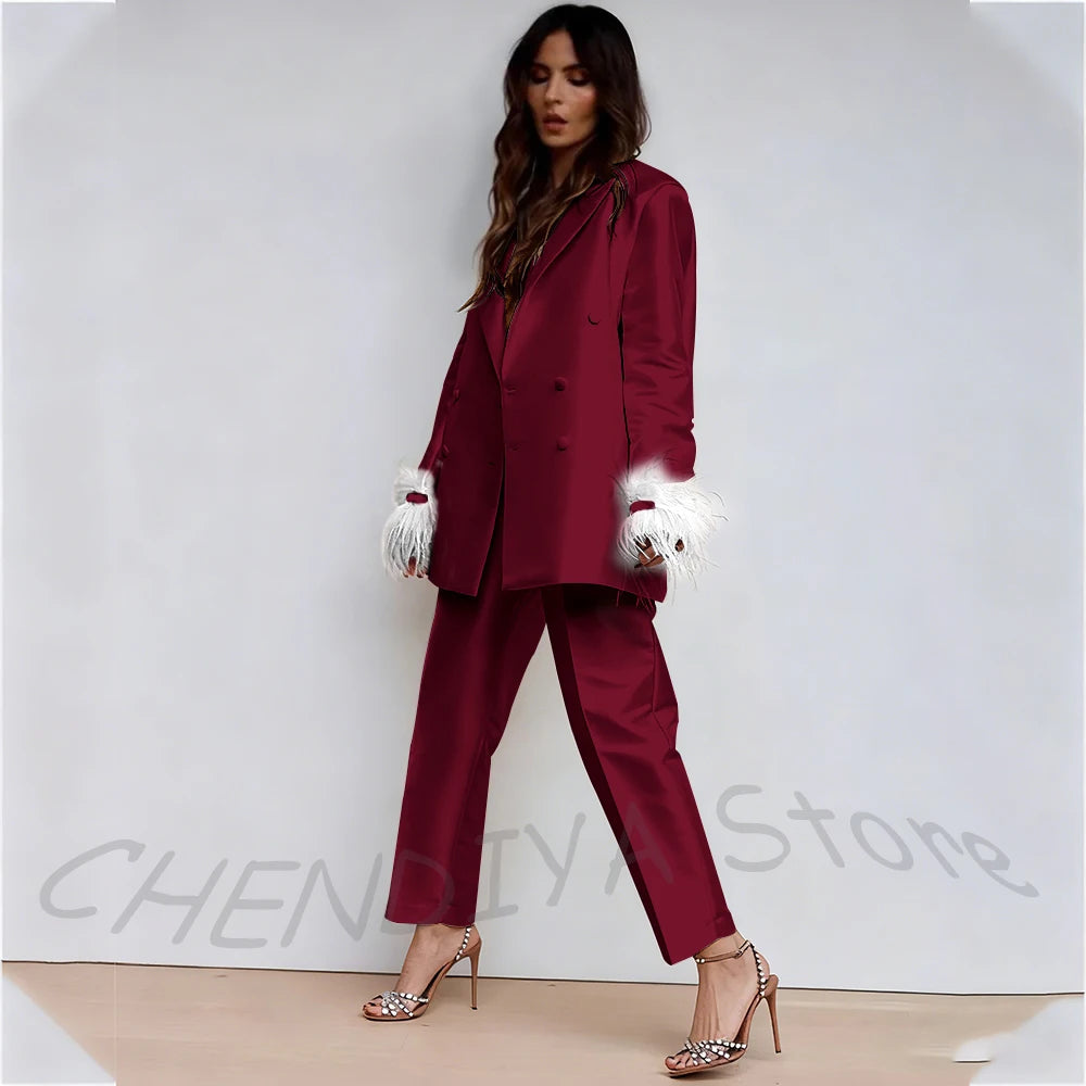 Luxury Feather Women's Suit Classic Design Double Breasted Ankle Length Elegant Outfit Two Pieces Formal Party Female Set