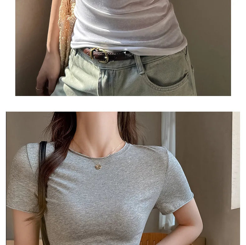 Solid Color Slim Fit Short Sleeve T Shirt for Women Summer New Cotton Blended Basic Tees Woman Thin Breathable Crew Neck T-shirt
