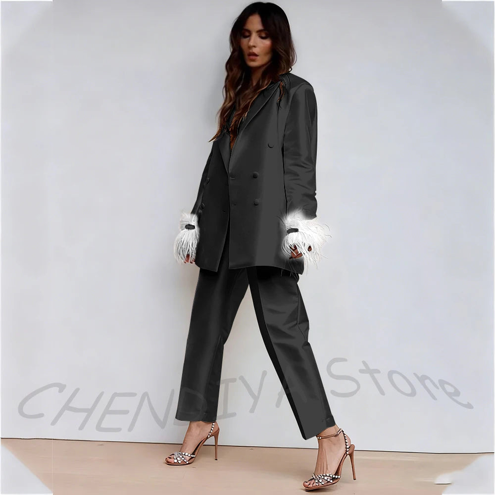 Luxury Feather Women's Suit Classic Design Double Breasted Ankle Length Elegant Outfit Two Pieces Formal Party Female Set