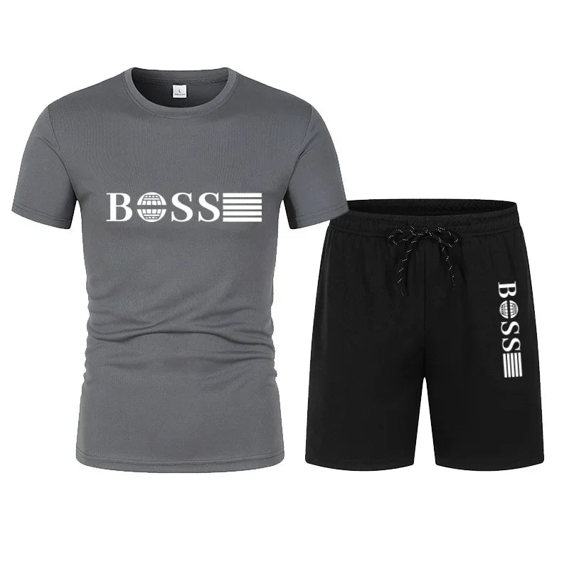 Spring and Summer New Two-piece Men's Running T-shirt and Short Casual Elastic Round Neck Sports Suit Comfortable Quick Drying