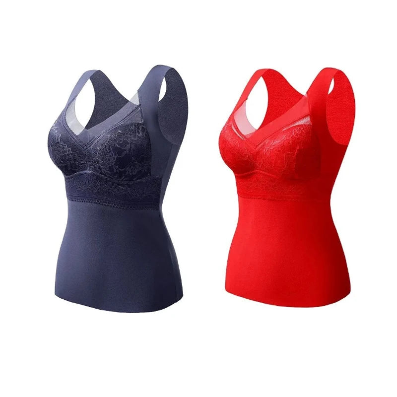2pcs Woman Thermal Underwear Thermo Lingerie Winter Soft Warm Top Wear Thermo Vest  Undershirt Intimate Lace with Bra Padded
