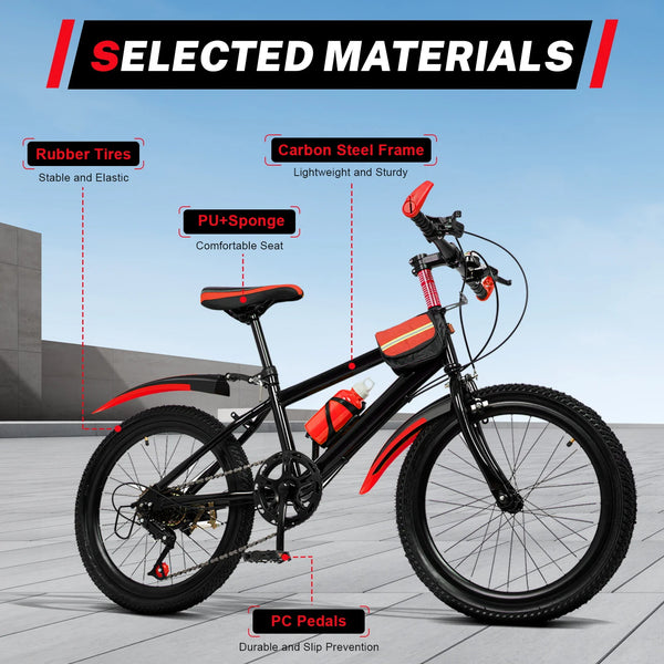 20 Inch Kids Bike Children Bicycle for Boys Girls Ages 8-12 Years Old, MTB Mountain Bike 7 Speed City Bike, GREEB/RED