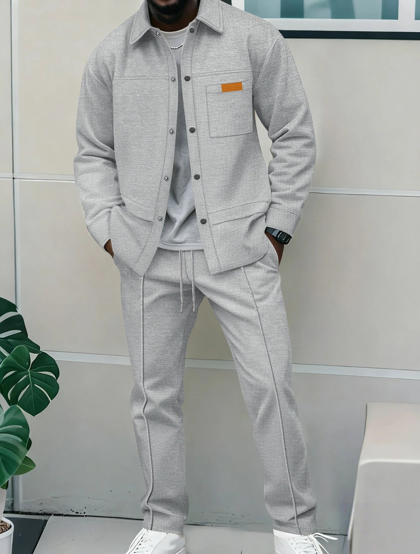 2026 New Men's Casual 2 Piece Tracksuit Fall Waffle Knit Solid Color Lapel Collar Button Jacket with Pockets Long Pants Set