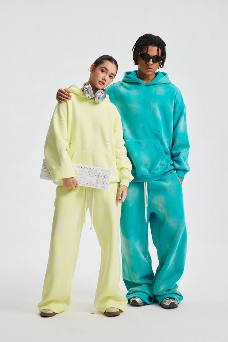 2025 Winter New Fleece Sweatpants Men Splashing Ink Spray Dyeing Wash Distressed Wide Joggers Grinding Edges Baggy Plush Pants