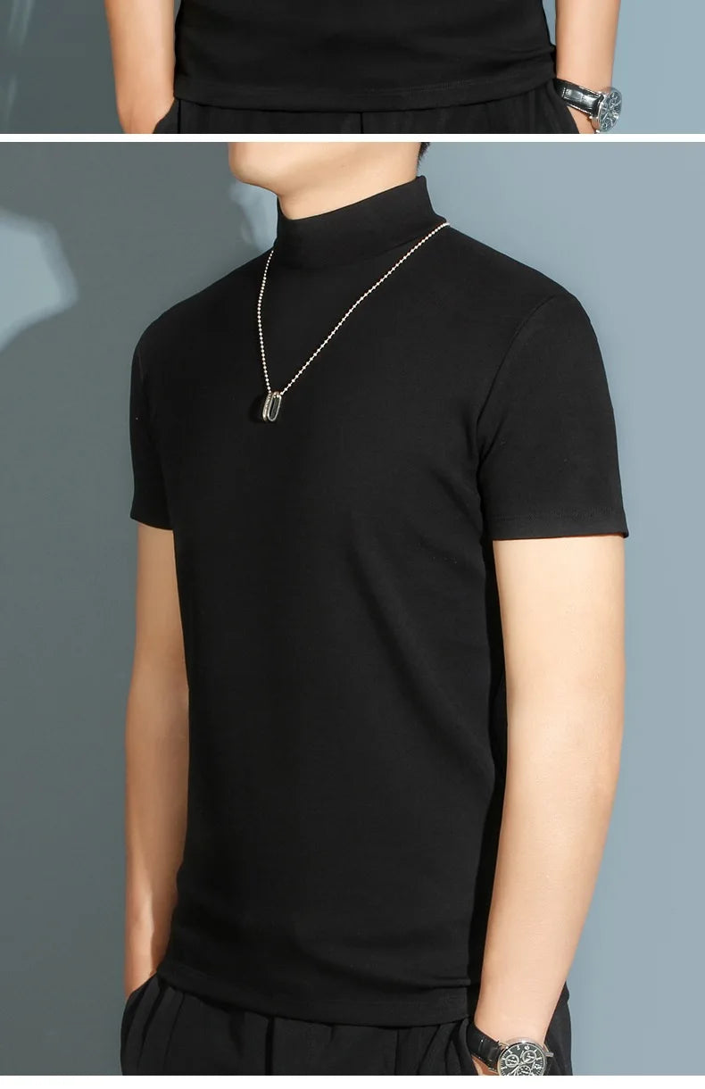 1pcs Thin New Men Half High Collar T shirts Short-sleeve Tee Fitness Joggers Bodybuilding Quick Dry tshirt Male Gym Clothes Tops