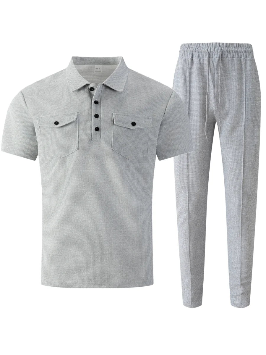 Summer New Men's Waffle Casual Tracksuit, Lapel Collar Double Pocket Solid Polo Shirt and Long Pants Set