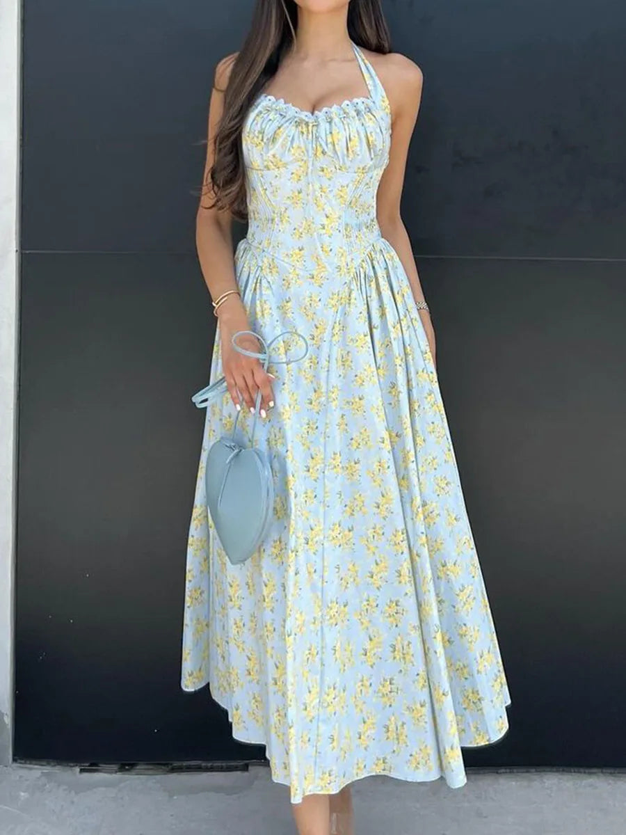 Vintage Floral Halter Midi Sundress Women's High Waist Pink Blue Black Red Dresses Summer Dresses Female Birthday Robe 2025 New