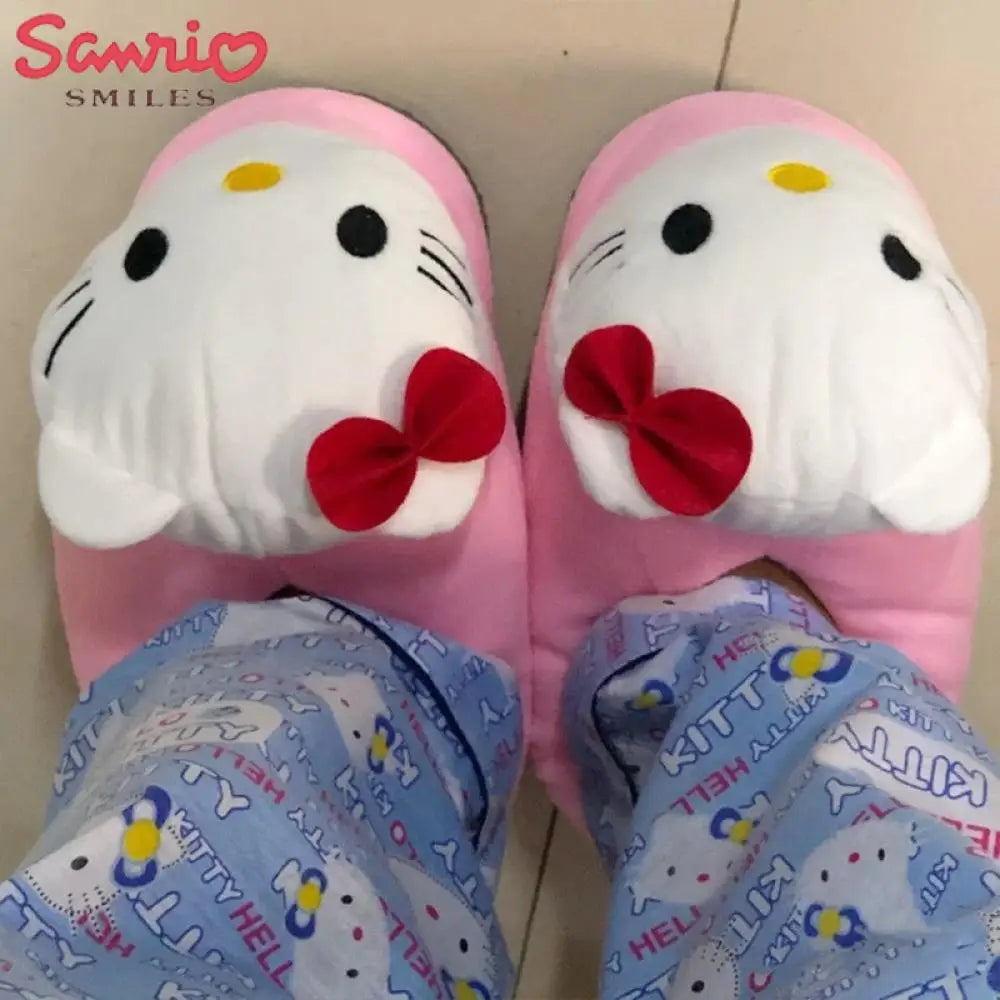 Y2K Hello Kitty Women Plush Cotton Shoes Big Head Slippers Sanrio Kawaii Anime Flat Shoes Winter Warm Thickened Cute Student
