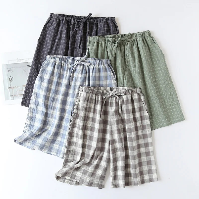 New 2026 Men's Sleepwear Pajama Shorts Plaid Design 100% Cotton Casual Loose Double-layer Homewear Sleep Bottoms Male Home Pants