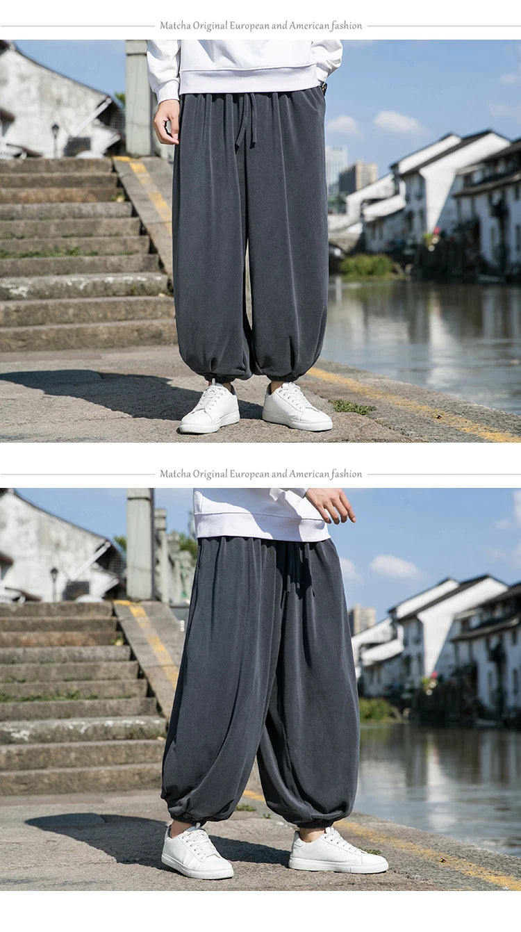2024 Autumn Winter Men Polar Fleece Pants Men Velvet Retro Harem Pants Male Solid Color Wide Leg Pants Harajuku Jogging Trousers