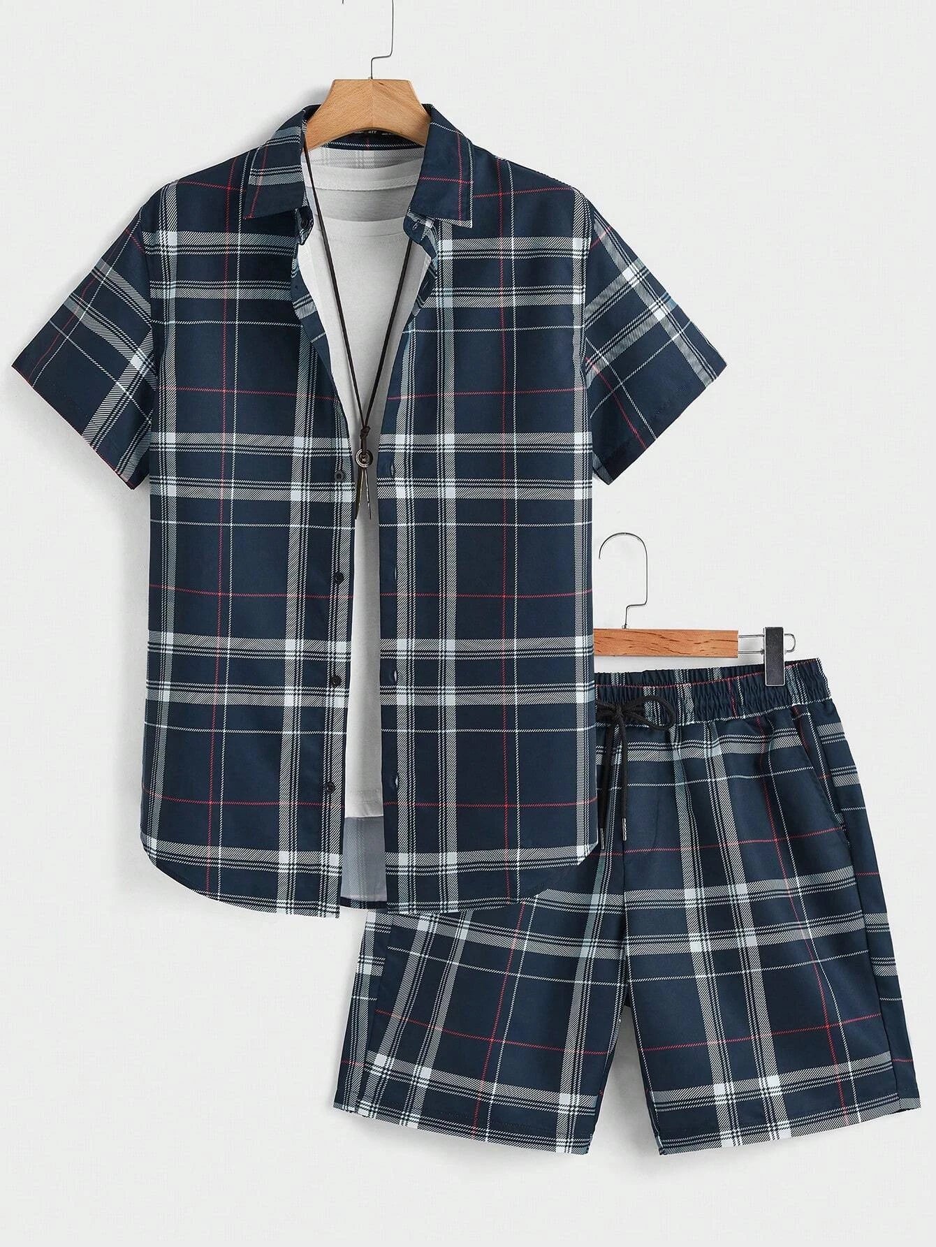 Street Casual Men's Suit Personalized Fashion Plaid Printed Pattern Short Sleeve Lapel Shirt and Shorts Men's Two Piece Set