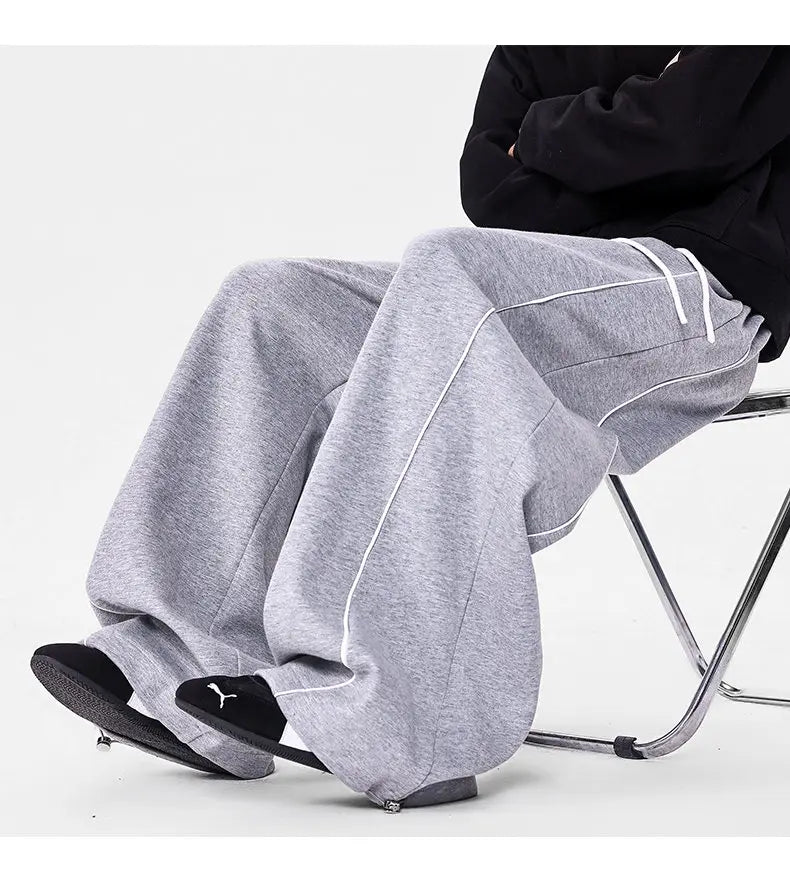 Men's Minimalist Oversized Wide Leg Sweatpants Contrast Stripe Drawstring Waist Streetwear Pants