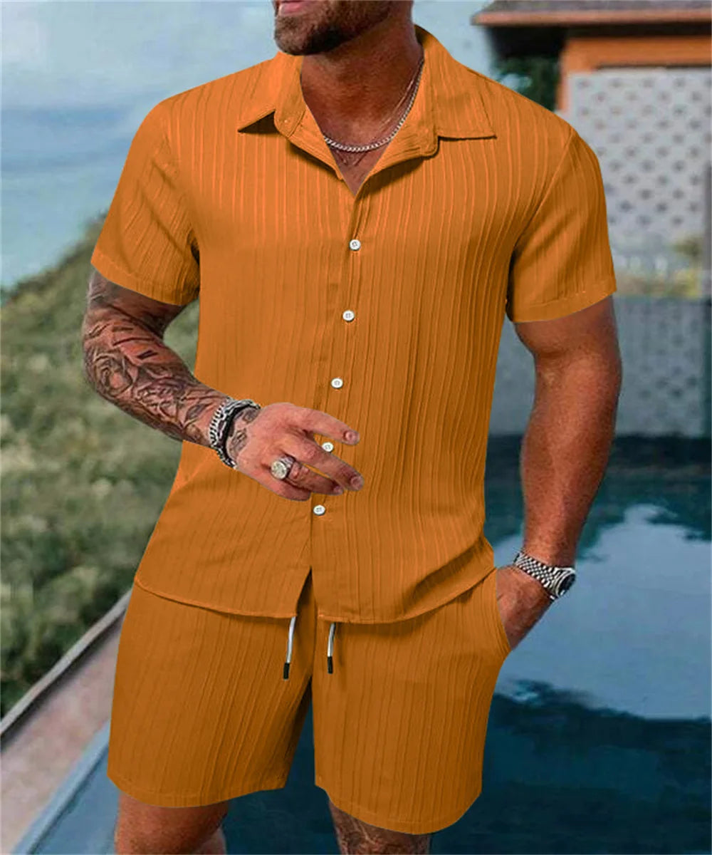 2024 New style Summer Men's Fashion Beach Suit Outdoor Sports Casual Shirt Solid color Loose Short Sleeve Shorts Beach two-piece