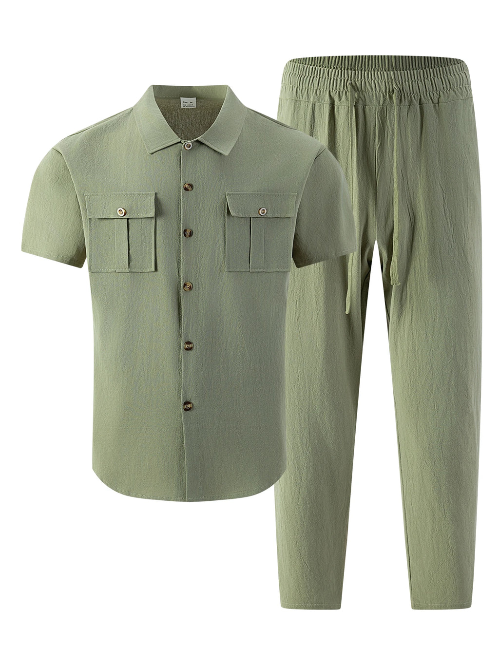 Men's Cotton Linen Short Sleeve Shirt & Pants Set Turn-Down Collar Double Pocket Casual Streetwear
