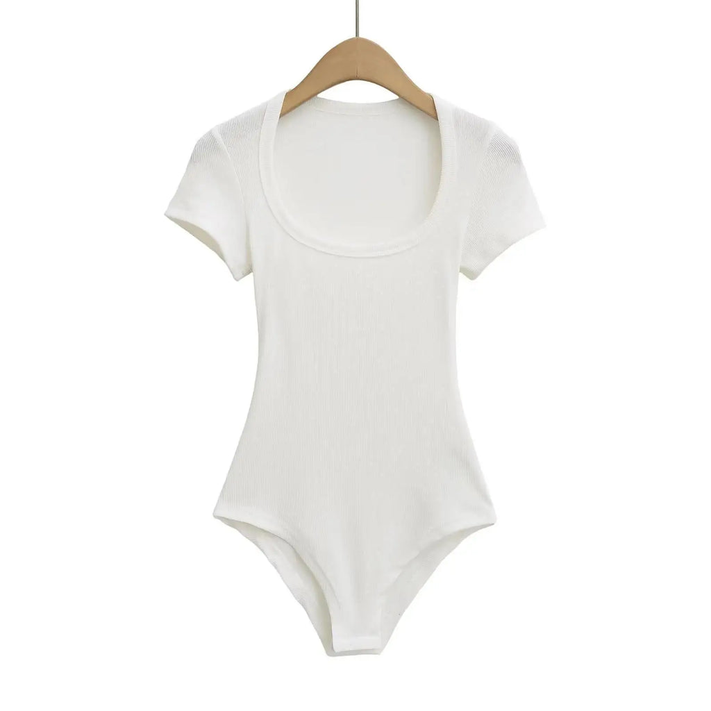 Women Short Sleeve Square Collar Bodysuits Summer Rib Knitted Elastic Slim Top Jumpsuits Solid Color