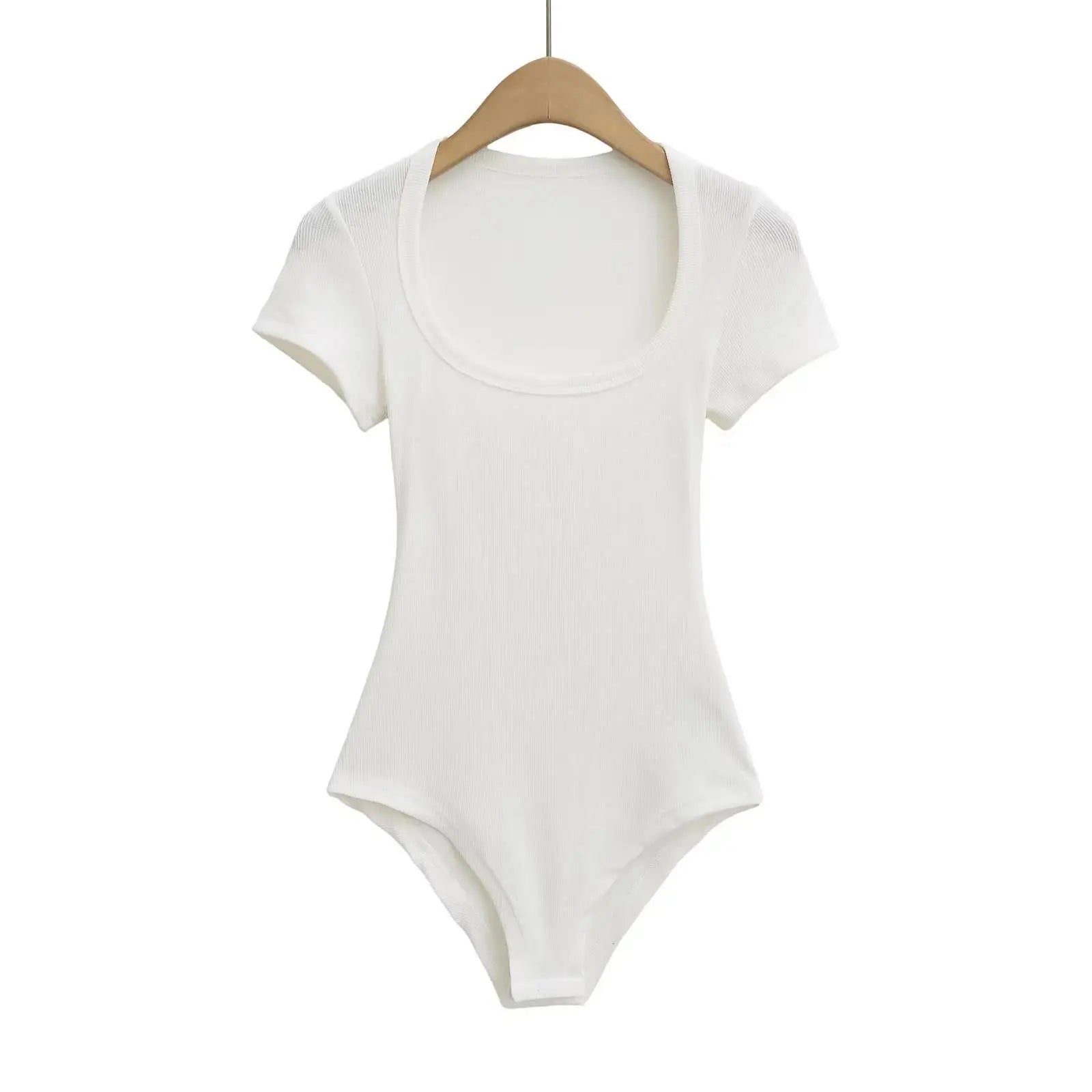 Women Short Sleeve Square Collar Bodysuits Summer Rib Knitted Elastic Slim Top Jumpsuits Solid Color